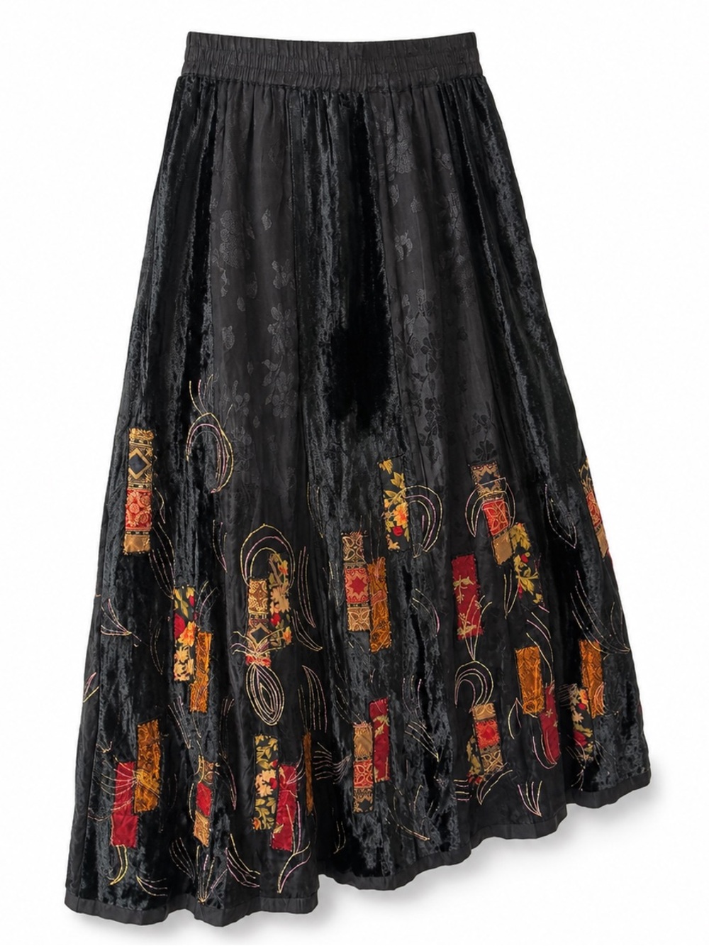 Dark Academia Black Velvet Burnout Patchwork Maxi Skirt Boho Whimsigoth Artsy, S - Picture 5 of 16